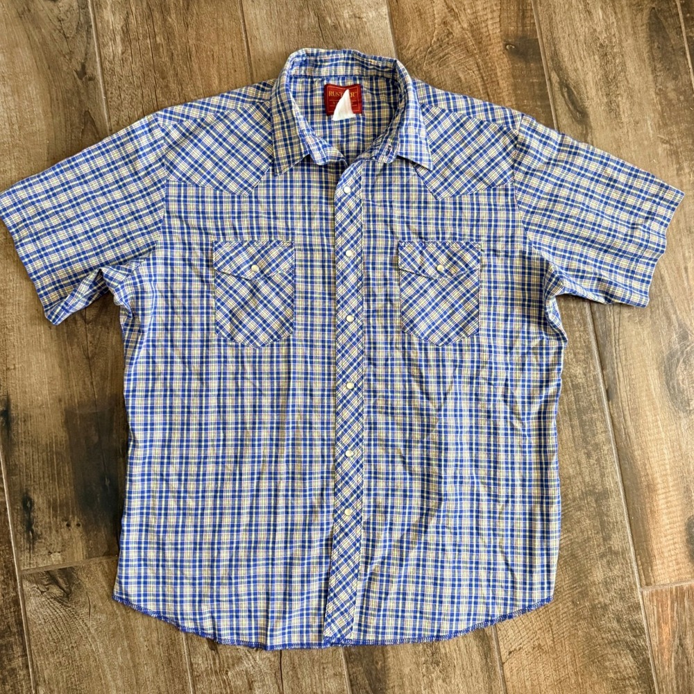 Wrangler Rustler VTG Western Plaid Single Stitch Snap SS Shirt,Blue Yellow,XLT